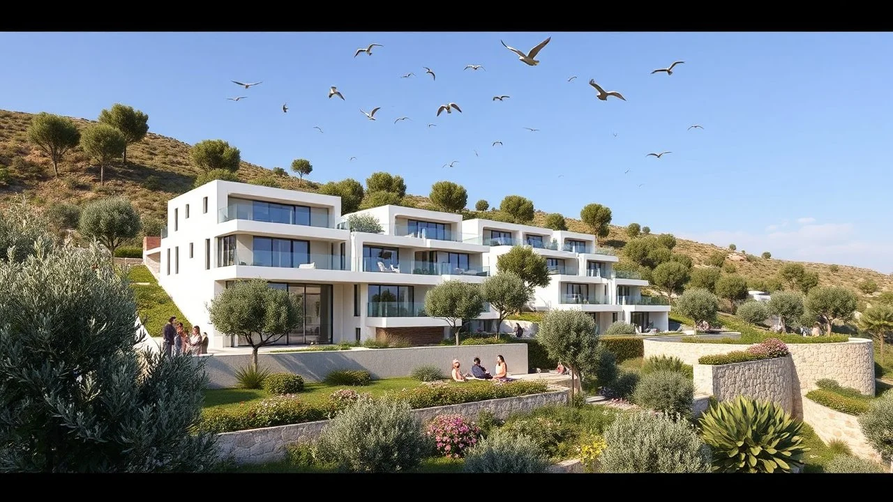 Modern residential complex integrated into a Mediterranean hillside, olive trees and wildflowers surrounding terraces, people enjoying outdoor spaces while birds fly above.