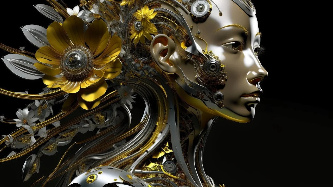 figure of a woman, art from the "art of control" collection by Jasper Harvey, in the style of futuristic optics, silver and gold, flower, bird, detailed facial features, swirling vortices, glowing, 8k 3d, bizarre cyborgs, made of crystals, high detail, high resolution, 8K