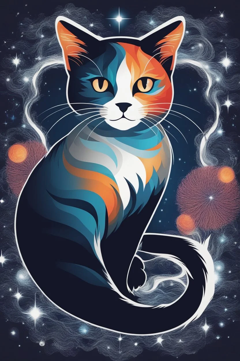 high quality, beautiful and fantastically designed silhouettes of colorful cat due to gravitational waves, beautifully designed wavelengths, very weak vibrations caused by fluctuations in the gravitational field of the universe, wave nature, stretching and compression, by yukisakura, awesome full color,