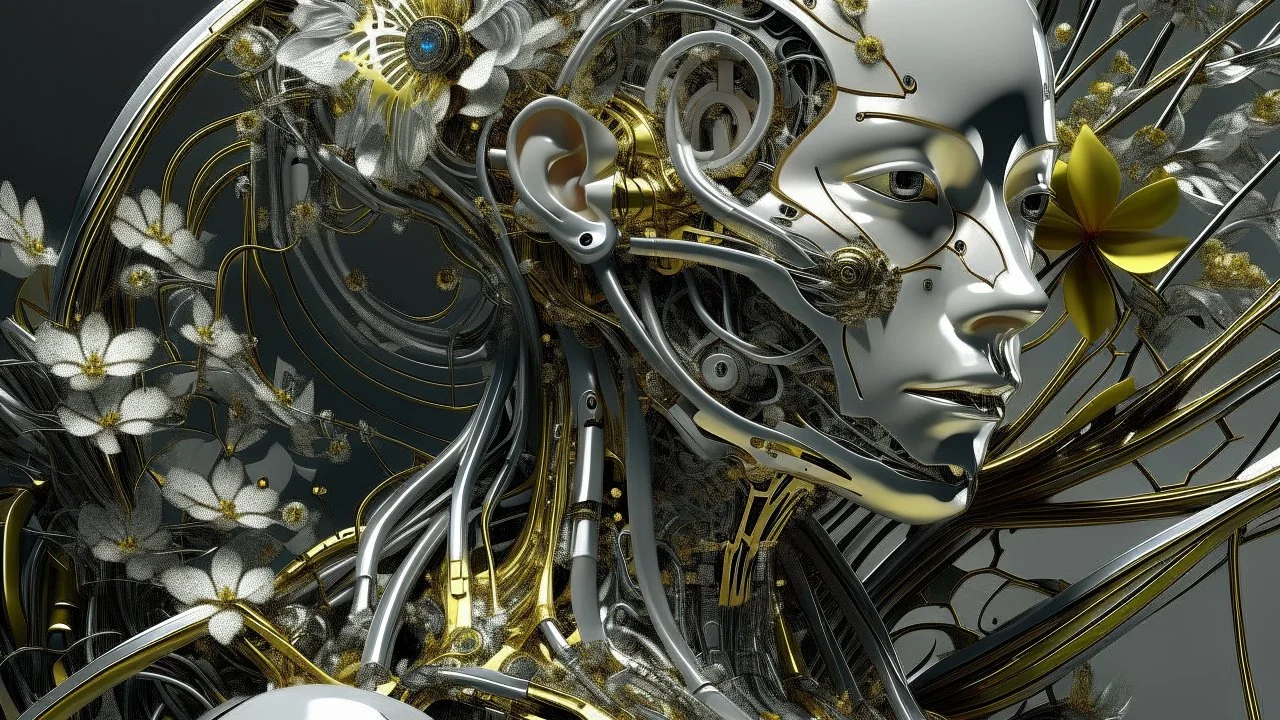 figure of a woman, art from the "art of control" collection by Jasper Harvey, in the style of futuristic optics, silver and gold, flower, bird, plant branches, detailed facial features, swirling vortices, 8k 3d, bizarre cyborgs made of crystals, high detail, high resolution, 8K