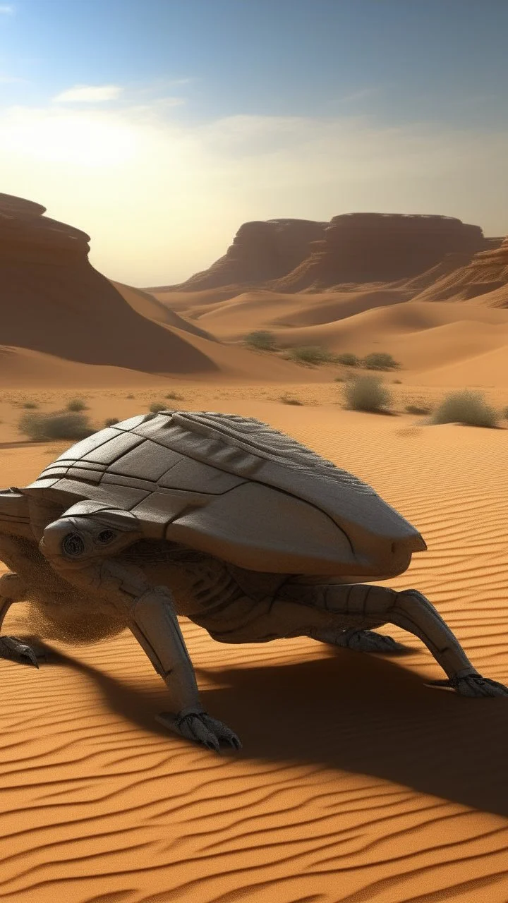 A zoom 3/2 view of Scorpion with a realistic background photo of a landscape covered in sands that looks futuristic with futuristic lighting , a caravan in the heat of the desert from the “Breaking Bad” episodes