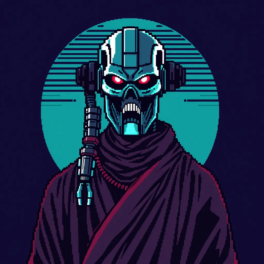 8 bit pixelart of a terminator like robot, synthwave colored, vaporware, budist monk robe