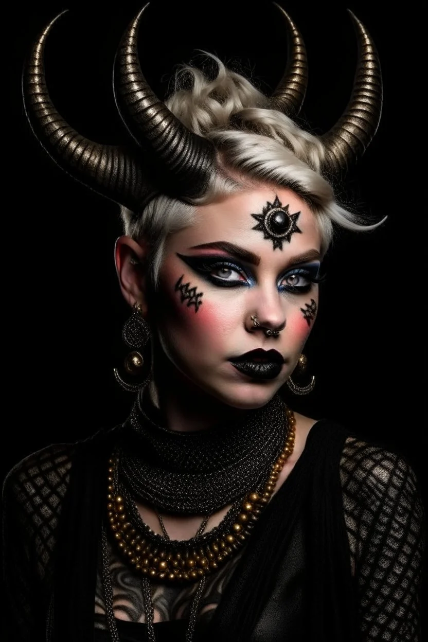 A young tiefling woman with a set of ram horns on her head encrusted with jewels, White-Blonde, short hair, black eyes, dressed in black with lots of jewelry, beautiful, satanic tattoos on her neck, she is evil