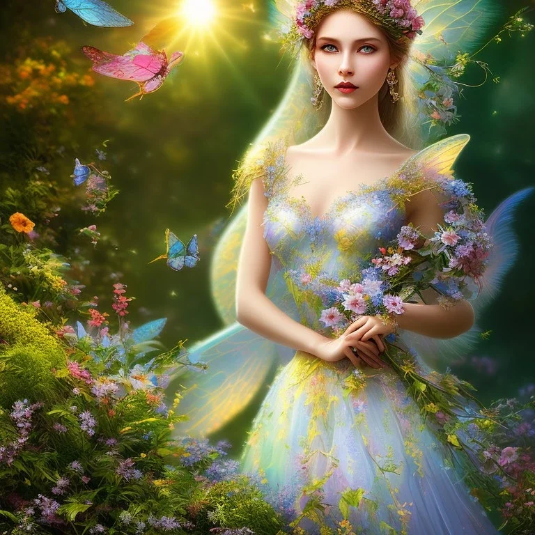 bright fairy, beautiful portrait, flowery landscape