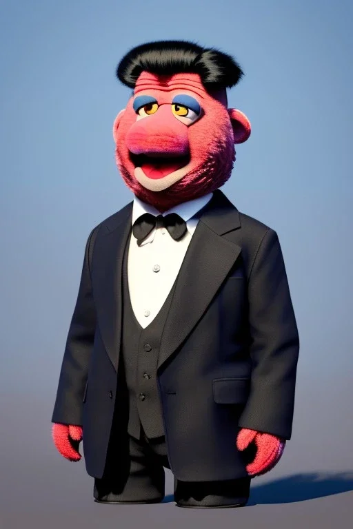 Waist up muppet Portrait, Kim Jong-un as muppet doll, black suit, photo studio, blue background, unreal engine 5, concept art, art station, god lights, ray tracing, RTX, lumen lighting, ultra detail, volumetric lighting, 3d.