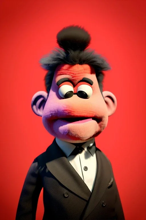 Waist up muppet Portrait, Kim Jong-un as muppet doll, black suit, photo studio, red background, unreal engine 5, concept art, art station, god lights, ray tracing, RTX, lumen lighting, ultra detail, volumetric lighting, 3d.