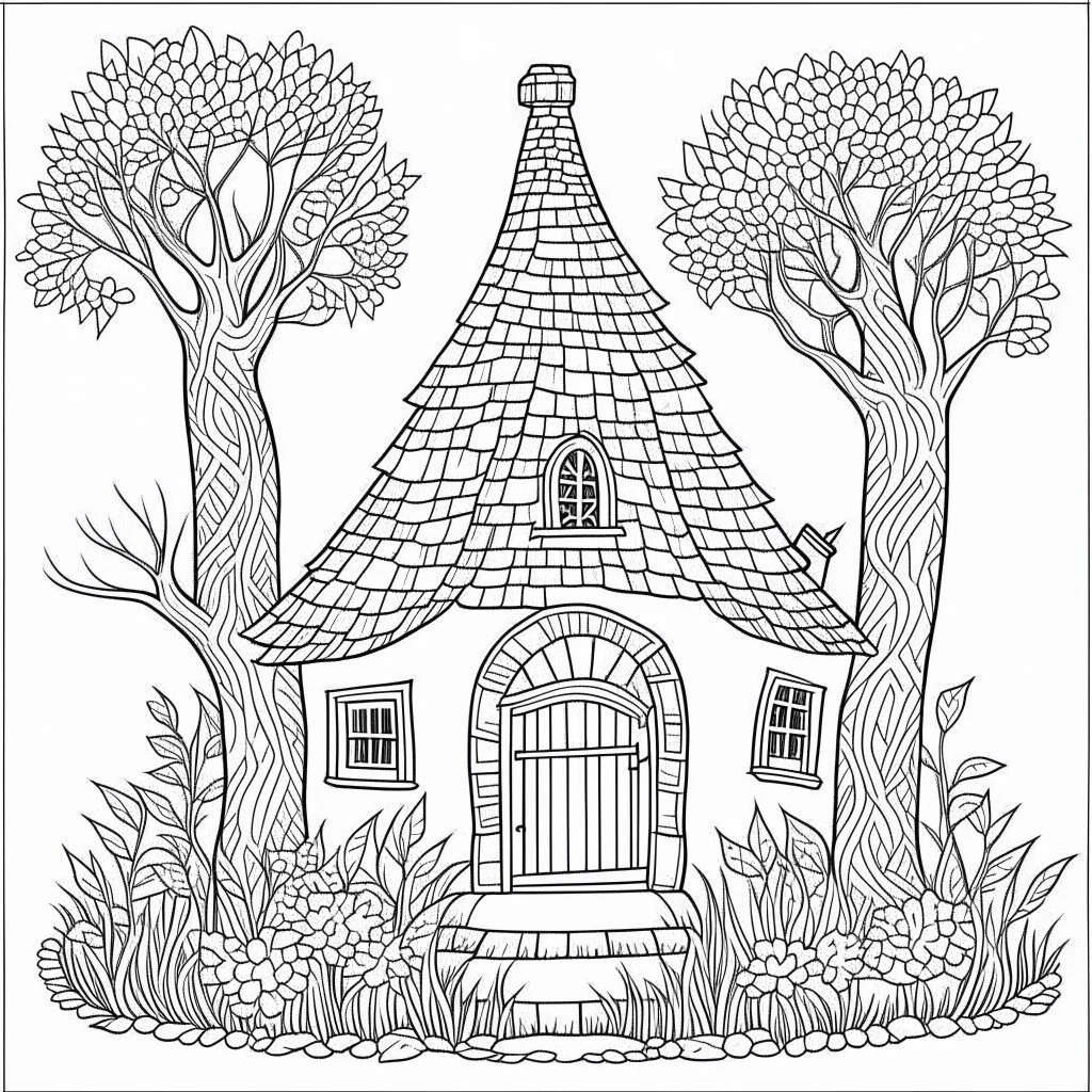 A fairy house, Mystical Willow Dwelling, coloring page, exact shape, real image, minimal lines, white back ground color, real style, realistic, minimalistic, minimal black line art, line art, crisp line art, unique coloring sheet, outlined, outline, crisp, crisp line edges, illustration, thin lines, crisp clear lines, line art, clean line art, unique, 8k, no colors, no dark color, no black color, avoid thick black, minimalistic line edges, pure white back ground,