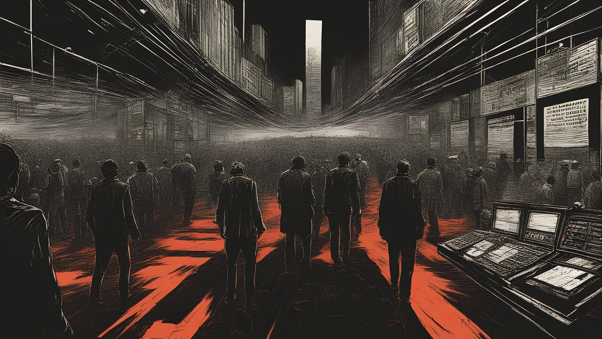 a digital artwork depicting the frustrations and power dynamics in a hostile, cutthroat environment, underhanded attacks, corruption, vulnerability, crossing paths, fiat currency, dystopian society, political thriller, dark and gritty, conspiracy theories, illustrative style, high contrast, intense atmosphere, digital manipulation, gritty texture