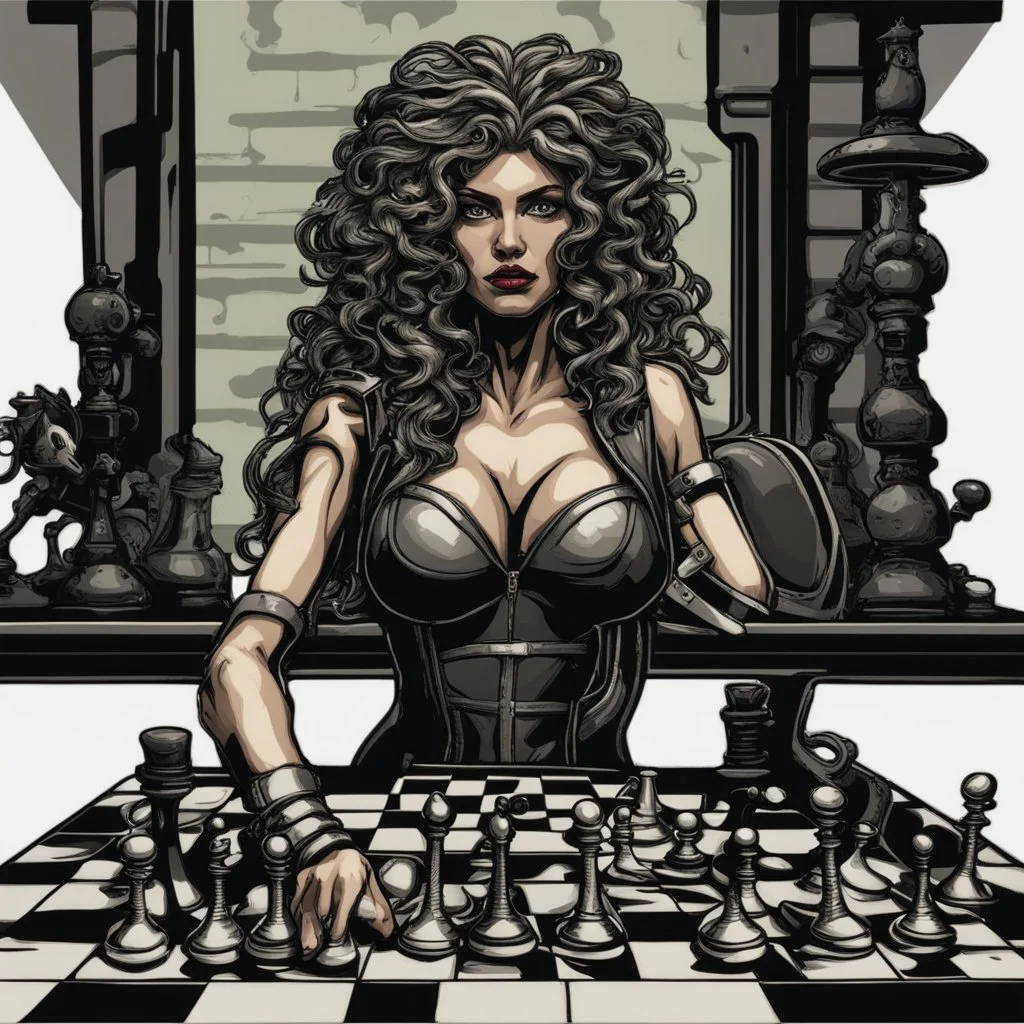 velcro patch of medusa in the style of cyber punk playing chess with a knight chess piece in her hand