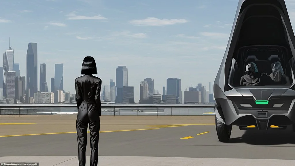 Tall thin woman, with straight black hair, dressed in a camouflaged jumpsuit, looking out from the rear of a futuristic aircar, on a tarmac runway, with a city skyline in the distance