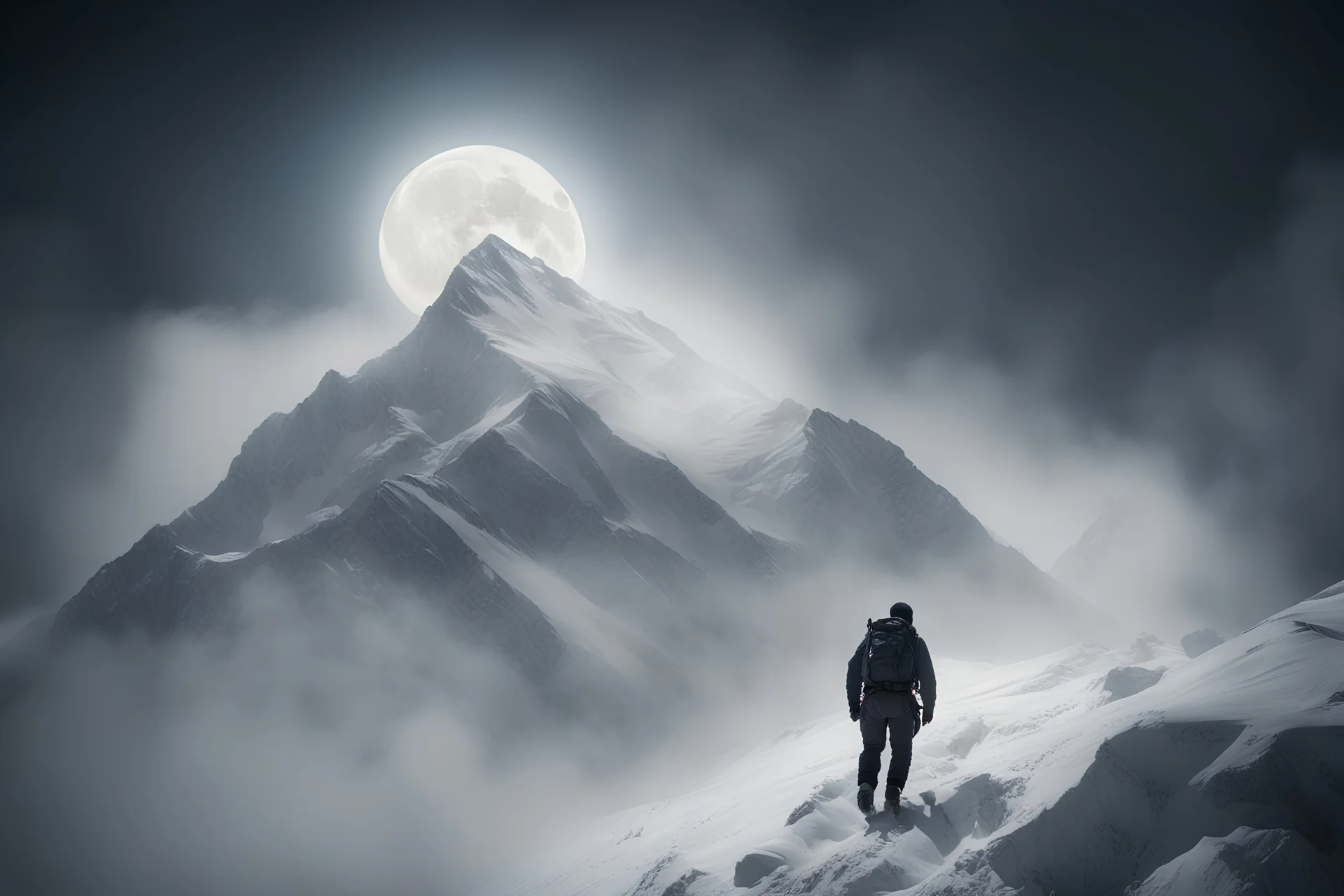 Bear Grylls climbing Everest with a full moon, misty, atmospheric, dangerous