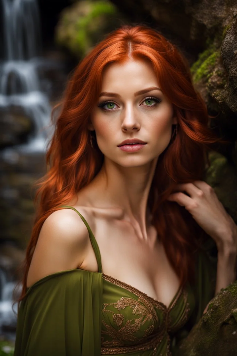 Close UP, delicate, cute, soft, skinny belly red haired Young lady, Green eyes , cave waterfall, medieval