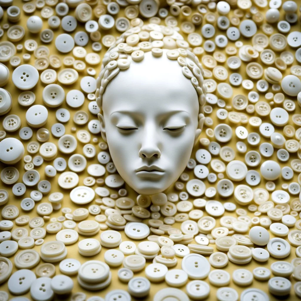 a surrealist sculpture made of white buttons,by artist "Meret Oppenheim"