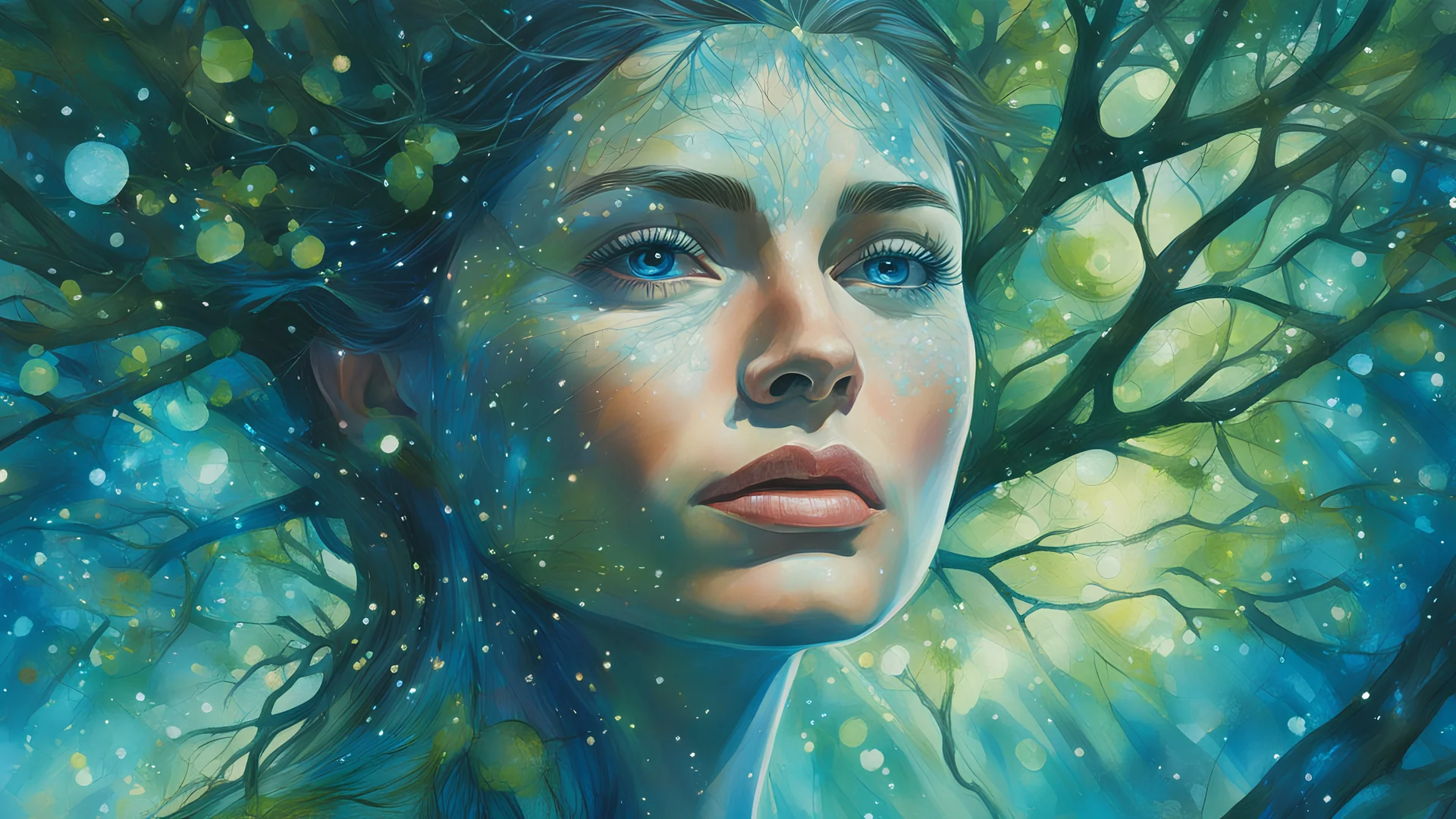 gouache, woman tree glare, sparkles, blue, green, clear lines, detail, fine rendering, high resolution, 4K, photorealism, precise focus, double exposure, fantasy,