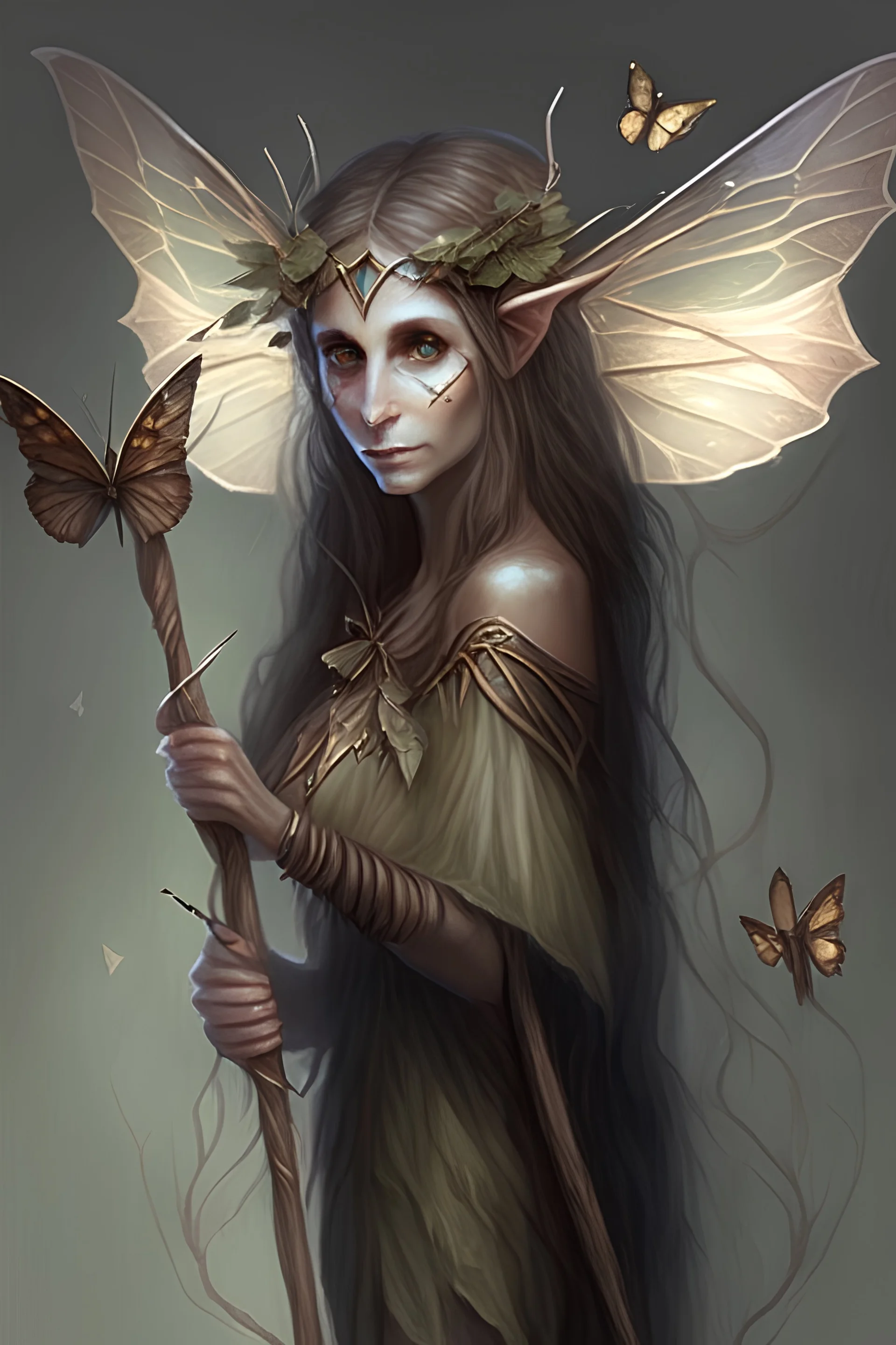 Druid Elf, female, Moth Wings, holding a Staff, Brown hair