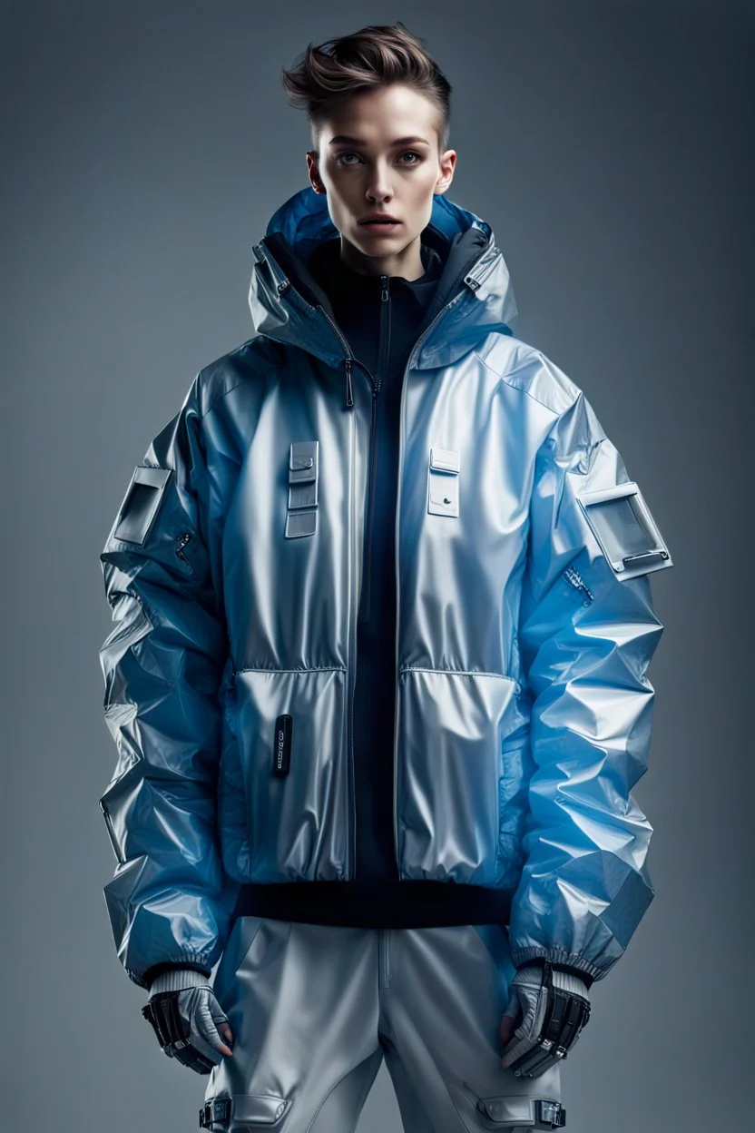 Hyper-detailed photography, A revolutionary cyborg robot is modelling a windbreaker jacket, full body visible, focus on the high-end material, limited edition, matte finish, puffed up air pockets, cinematic effect ,smart focus, 12k