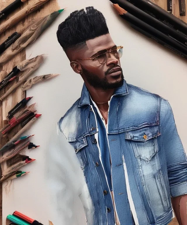 Fashion illustration, fashion drawing, Croquis, Hussein Suleiman, Jefferson Osei, Abderrahmane Trabsini, mudcloth fabric denim jacket, kente cloth, jeans, flare leg, African American model, Luke Edward Hall, red denim jacket, fringe