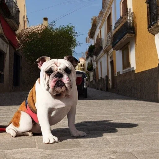 bulldog in spain with other dogs and no people on the street from an overseer point of view