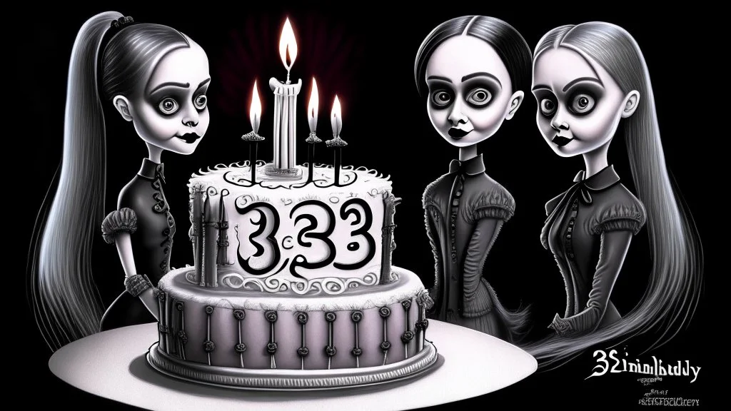 draw a birthday cake with logo number 23 and one candle 23 ,Insanely detailed Addams Family movie still with Barbie dolls, art by tim burton