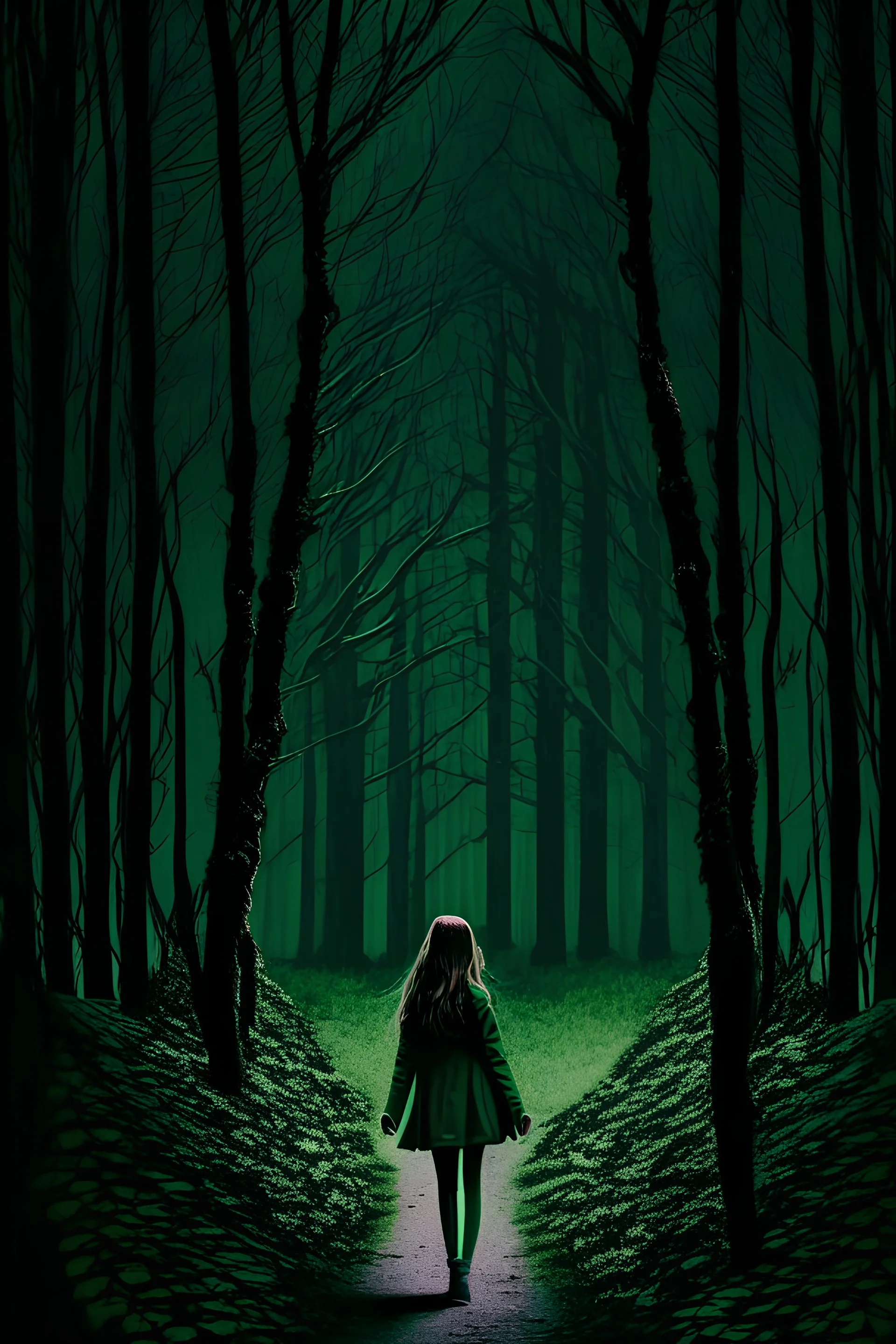 Girl walking into dark green woods