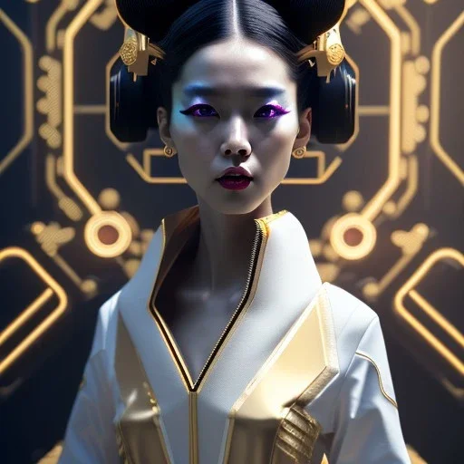 Cyber geisha, Woman, black hair, white skin, velvet dress, gold pattern, cyberpunk, purpurin, highly detailed, art stations, concept art, smooth, unreal engine 5, god rays, ray tracing, RTX, lumen lighting, ultra detail, volumetric lighting, 3d, finely drawn, high definition, high resolution, gradient background