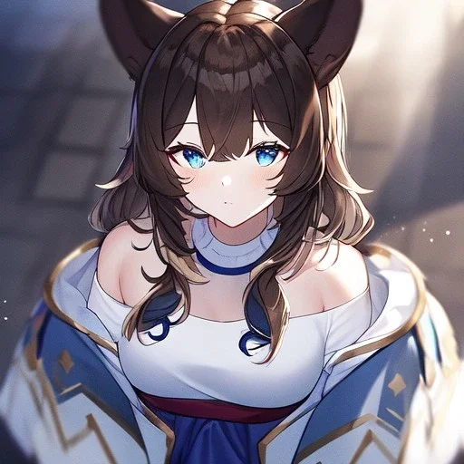 Clear focus, High resolution, Long fluffy brown hair, blue eyes, wearing a white skirt, detailed outfit, wearing a jacket oversized off shoulder, rough line, hair above ears, dog ears, off shoulder white shirt, chopped bangs, parted hair, medium locks straight