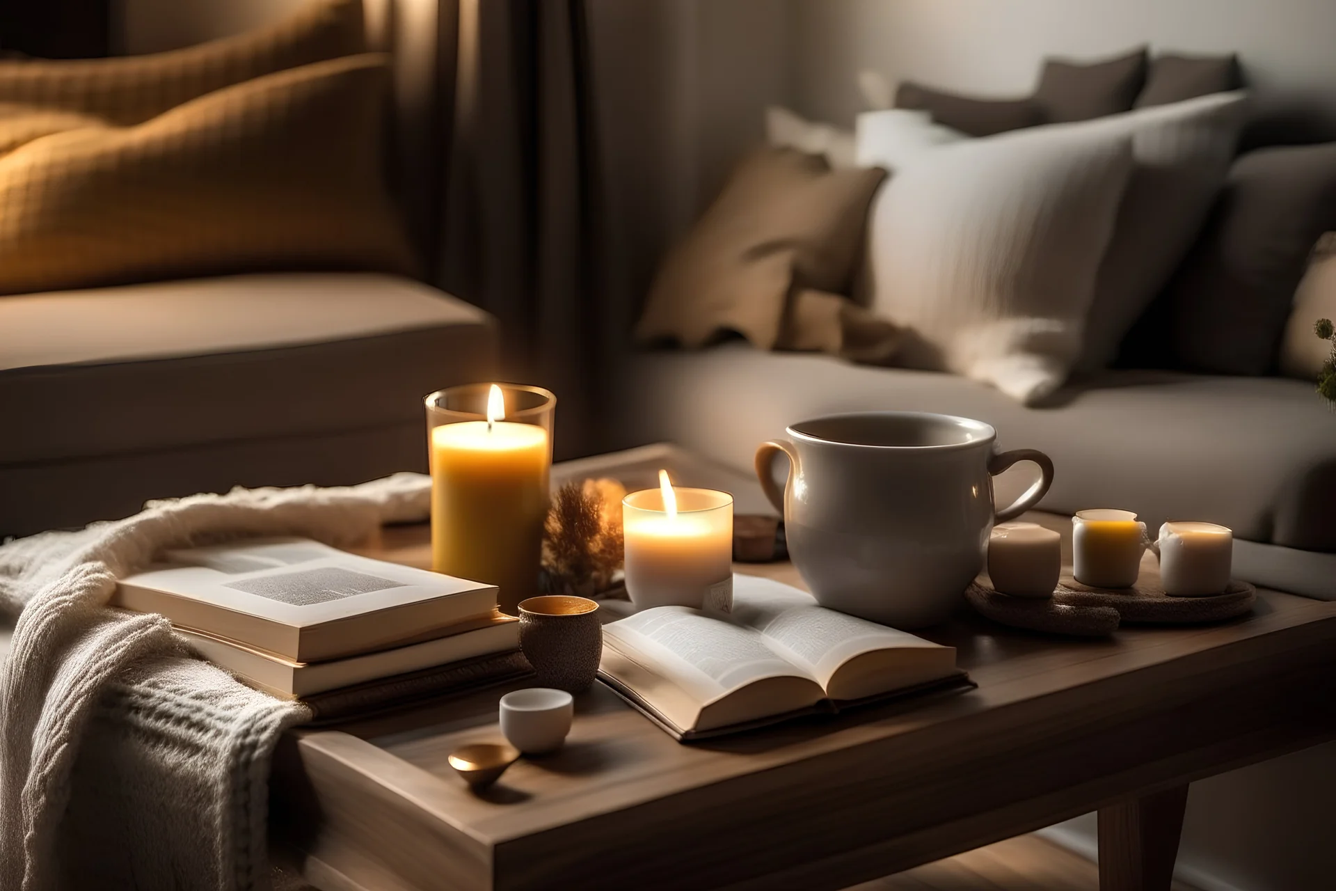 Craft a cozy feature image depicting a square coffee table with a focused cup of coffee styled with warm, inviting elements like candles, books, and a plush throw blanket, evoking a sense of comfort and relaxation.