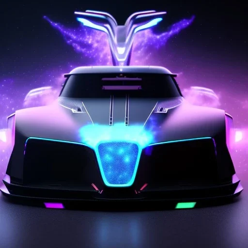 powerful concept future car. smooth front grill. dark color fade theme. large engine protruding from the hood. big spoiler . nebula back round. extra detail with luminous engravings . neon underneath. big city with skyscrapers, light mist, jet engine