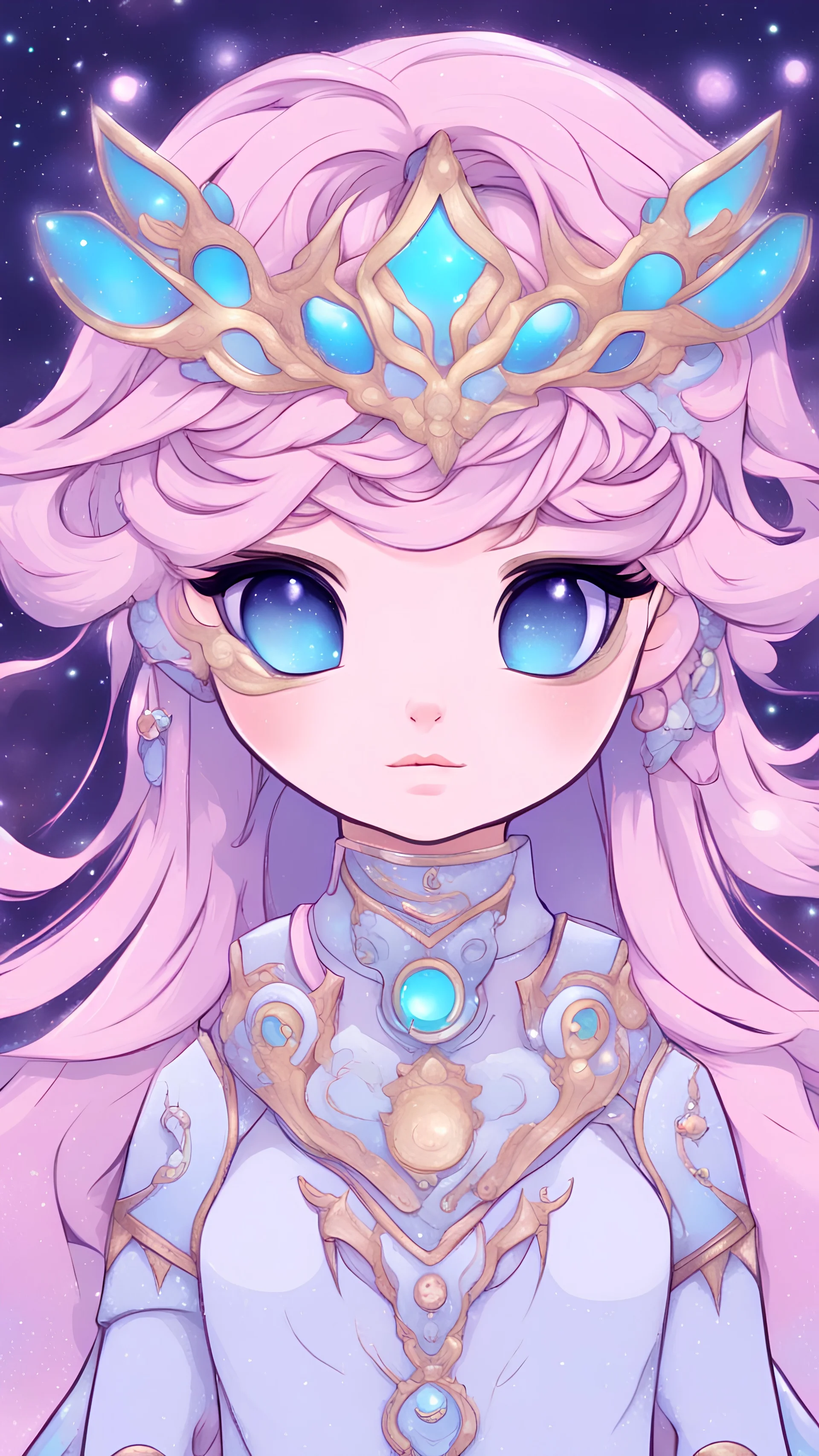 Cosmic Fantasy, Ethereal Guardian Magical Girls, Celestial Companions, Digital art, Enchanting Art, Magical girl Characters, adoptable, Adoptables, Nebula Patterns, Mesmerizing Colors, Surreal Glow, Cosmic Themes, Whimsical Fantasy, Cosmic Beauty, Enigmatic Eyes, cutesy chibi anime style, clean lineart, solid color background, extremely detailed, chibi style