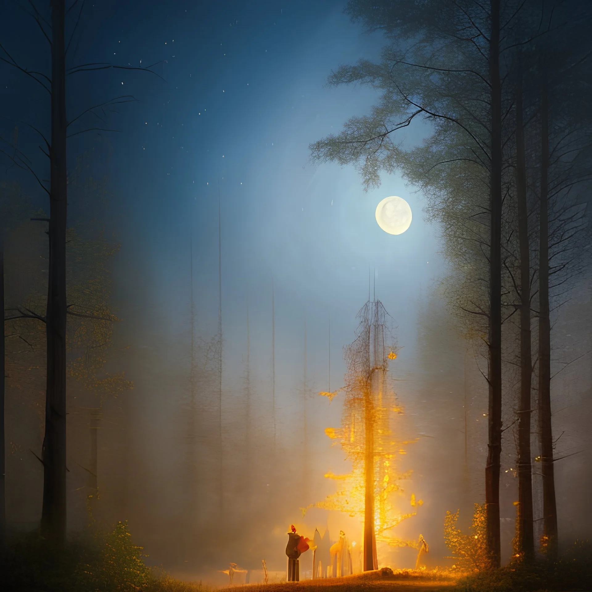 moomintroll, soft light, fireflies, moon, night, mountains, trees, fantasy, woolitize, 85mm, RTX, Stanley Artgerm Lau, Salvador Dali, Agnes Cecile, Bouguereau