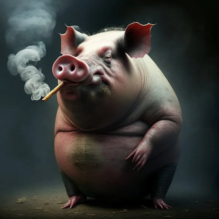 A big pig wearing smoking