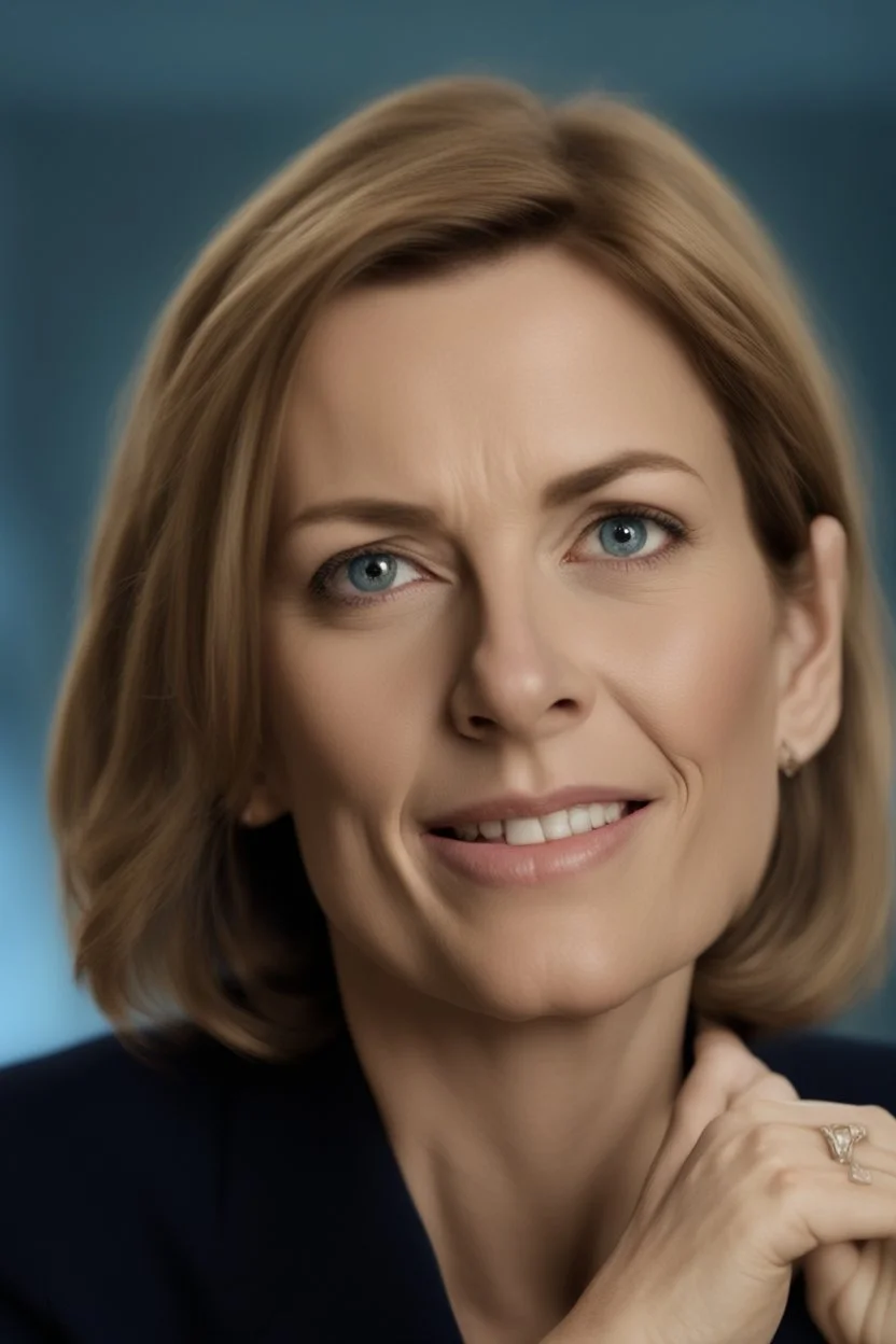 Powerful classical portrait of a modern brunette politician in her late 40s wearing a blue top a little zoomed out