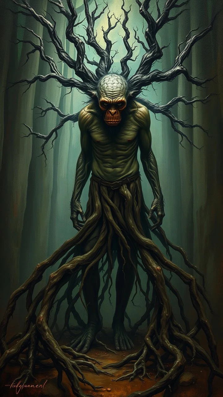 Bosch painting style nightmare, a man with legs looks like tree roots , his head is monkey head , dramatic sad scene, fantasy,