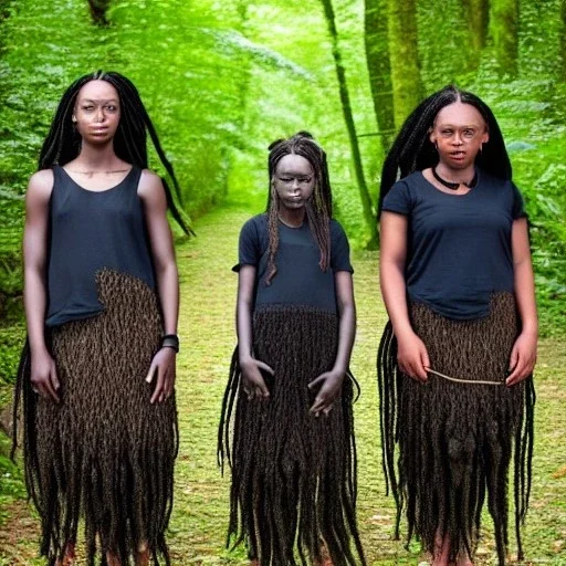 photo. .three women. A mother. Two daughter. Twins. A mother with her children. three young black women. wood nymphs emerging from the forest. Her hair looks like vines. Dreadlocs. Her skin is the colour of dark soil. Her skin looks like tree bark. Her clothing is made of vines, grass and leaves.