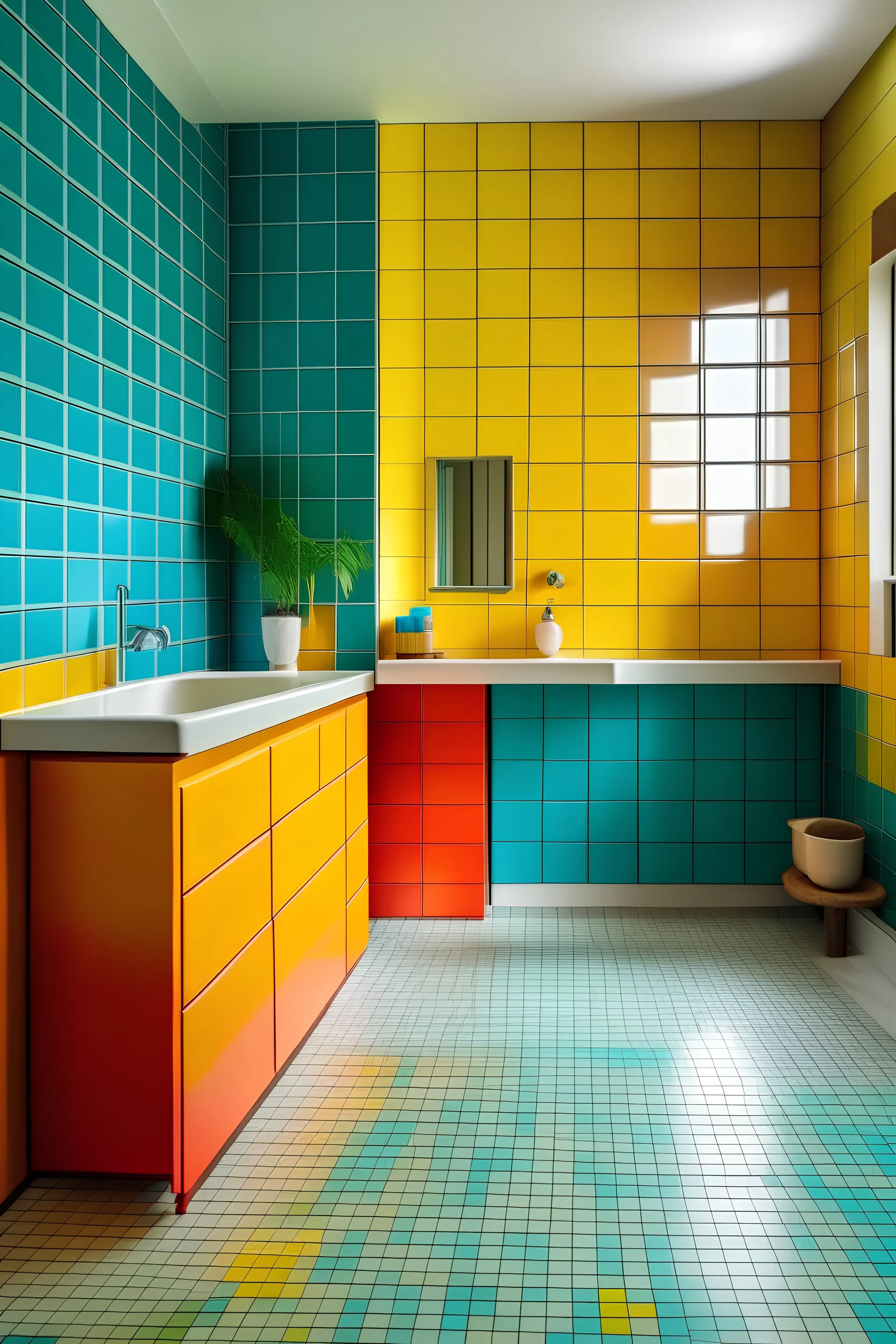 retro colourful bathroom with square tiles