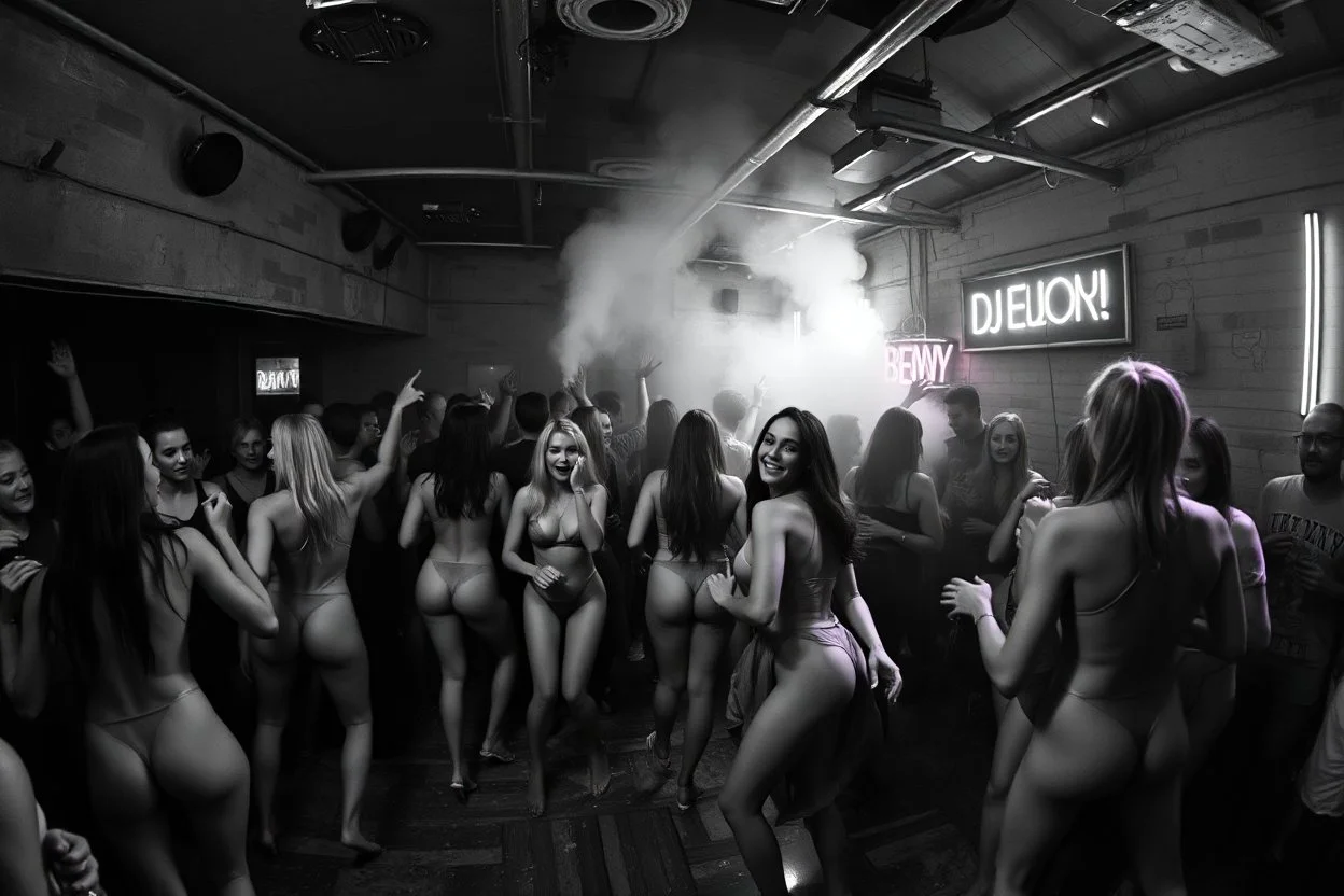 dans golv på en nedsliten sunkig techno club, många personer som dansar, yppiga lättklädda kvinnor, scen rök och ljus strobes, svartvit bild, en del personer ser in i kameran och skriker: "Benny!" och en Neon Skylt med texten "DJ ROY" på väggen