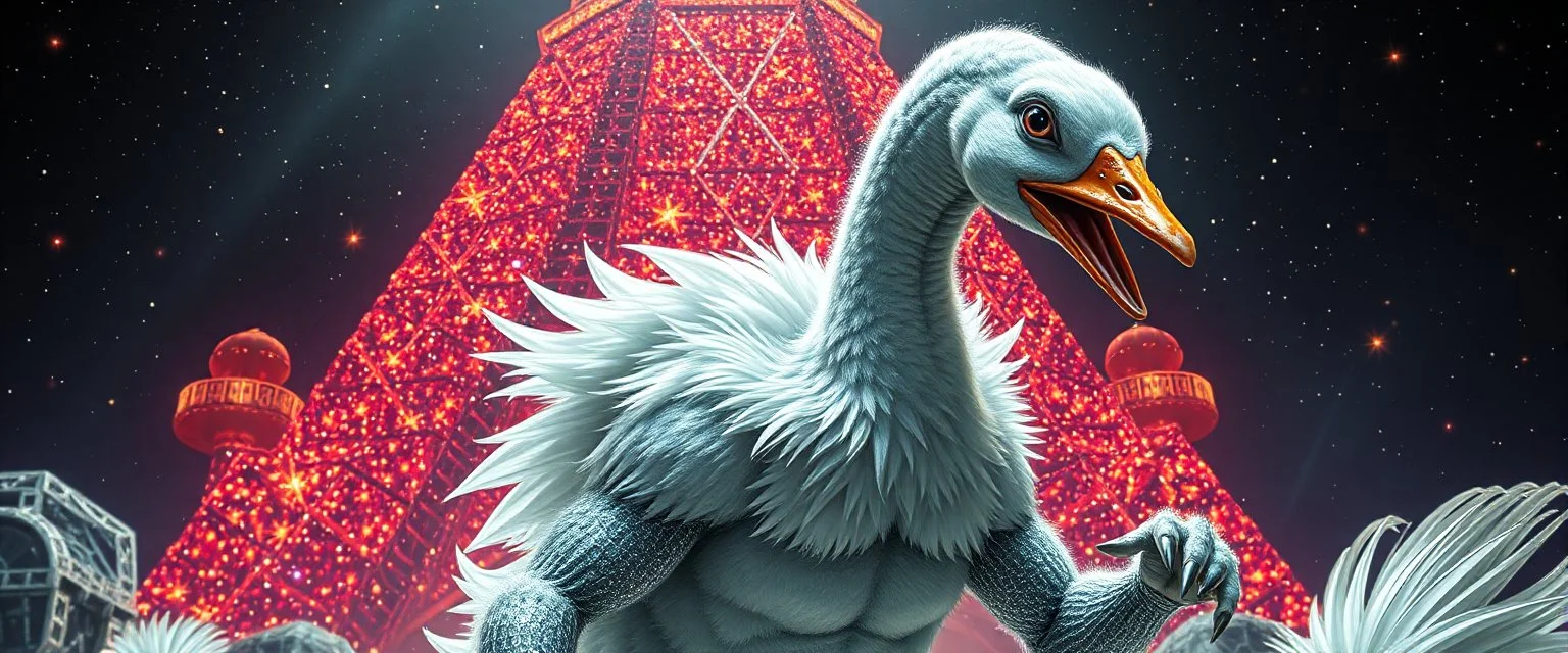 brilliant detailed full figure portrait disco glittery goose slug alien fluffy muscle man dino anime in the style of Escher and Giger in front of tower of glitter