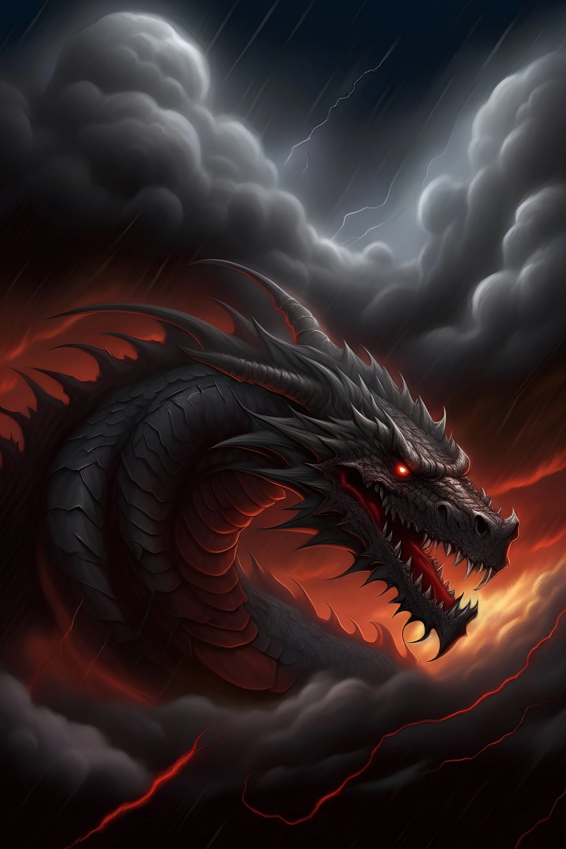 Create an artwork of a massive storm cloud in the shape of a fierce dragon, set against a turbulent sky. The dragon-shaped cloud should have detailed scales in shades of dark grey and silver. Its eyes are piercing and fiery red, glowing intensely. The dragon's mouth is open, emitting bolts of lightning that crackle through the sky. The background sky is a deep, ominous grey with occasional distant lightning, adding a sense of impending storm and power to the scene.
