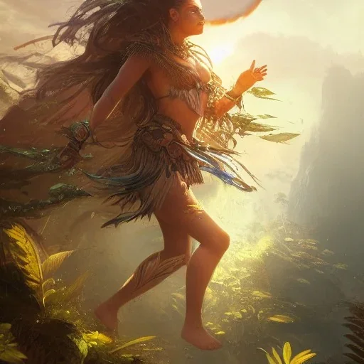 A queen warrior sun woman, beautiful face with light eyes, tropical background, in the fantasy world , 8k resolution, waterfall tropical fantasy concept art, by Greg Rutkowski, dynamic lighting, hyperdetailed, intricately detailed, deep, sun