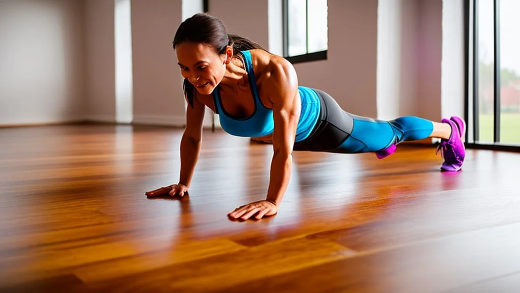 woman stains wooden floor in workout room