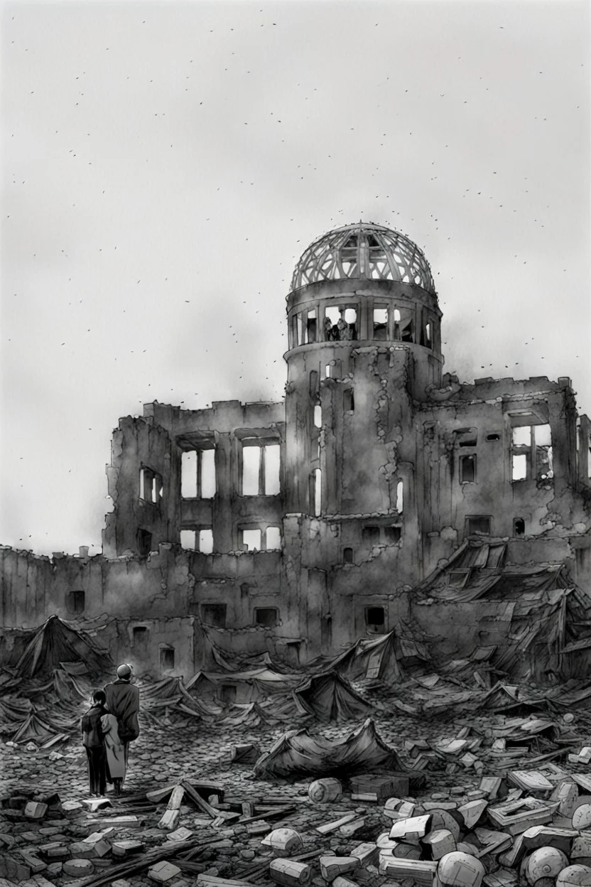 hiroshima dome, manga page, greyscale