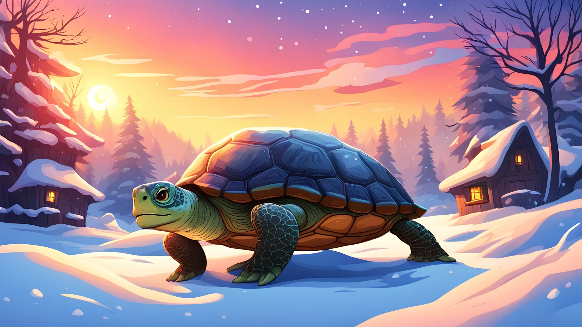 A turtle in a snowy village, a magical forest and a beautiful sunset, cartoon, style