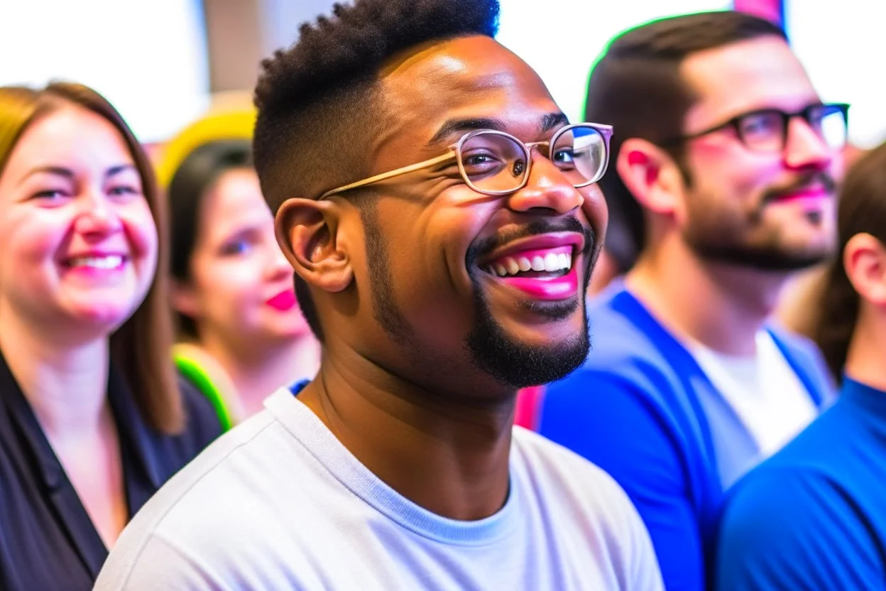 His eyes are focused on the audience, demonstrating direct communication and the potential impact of his presentation on them. The audience is made up of a variety of people, with some appearing smiling and looking eager to hear what the speaker is offering. Others may be writing notes or showing their preoccupation with the presentation.