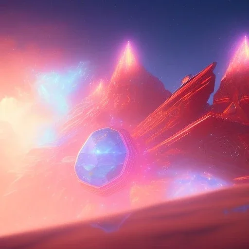 a crystalised blue pink spaceship, gold, diamonds, lightbeams, cosmic background, atmospheric, realistic, unreal engine, 8k. Cinematic lighting, octane render.