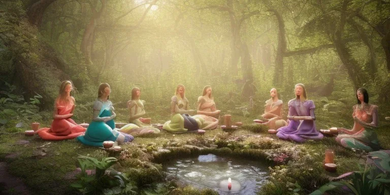 group of beautiful ladies in colourful dresses meditating in an enchanted forest with a spring like chalice well at night, candles in the trees, crystals around, insense burning