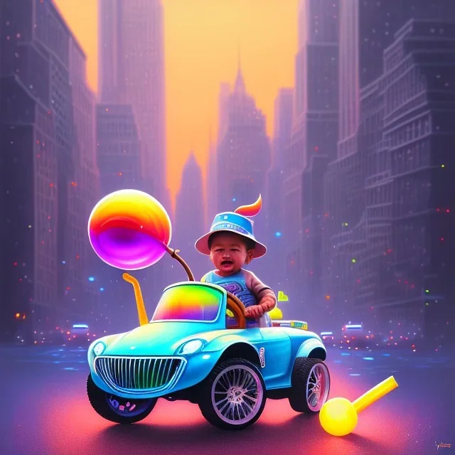 A one-year-old boy rides in the plastic funny toy-car on the middle of a busy street in new york. He has and a large-brimmed straw hat. somehow photographic bright colors and sunset, fantasy art, Anna Dittmann, digital painting, dan mumford, oil on canvas, jeff koons, akihito yoshida, wlop, kodachrome,