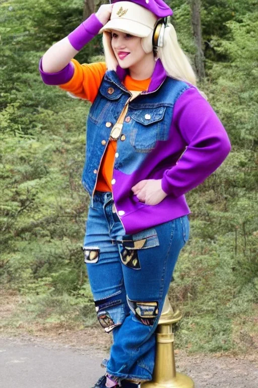 blonde taking selfie.thick thighs,thick calves,flat belly,curvy fell. Mantle is sewed of upcycled Denim and it is sewed together of camouflage pieces, whose color are all denim colors, orange, cream and purple. Big colored headphones (gold rings!) is merged with small felt cap with small visor. It is with big bright purple felt tippet and birght-colored-hood is merged with colorful beanie. Style: Haute Couture, 1980's Finland, N.Y.C fashion in 2023