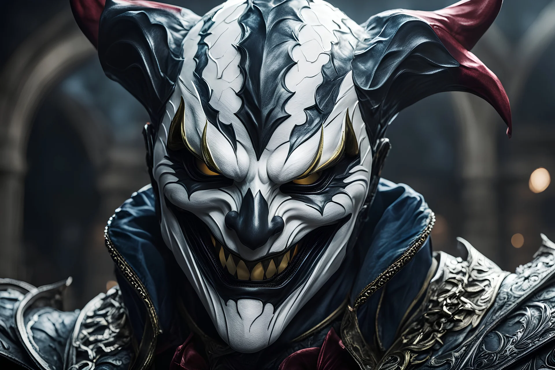 Shaco venom in 8k live action artstyle, white clown mask, close picture, intricate details, highly detailed, high details, detailed portrait, masterpiece,ultra detailed, ultra quality