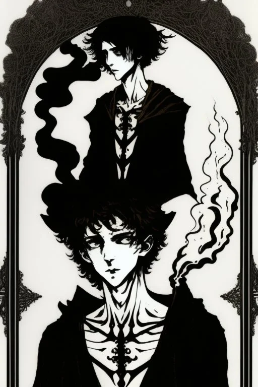 17 year old boy, necromancer, friendly, looks dead, surrounded by weird smoke with eyes, wearing black robes, in the style of Harry Clarke