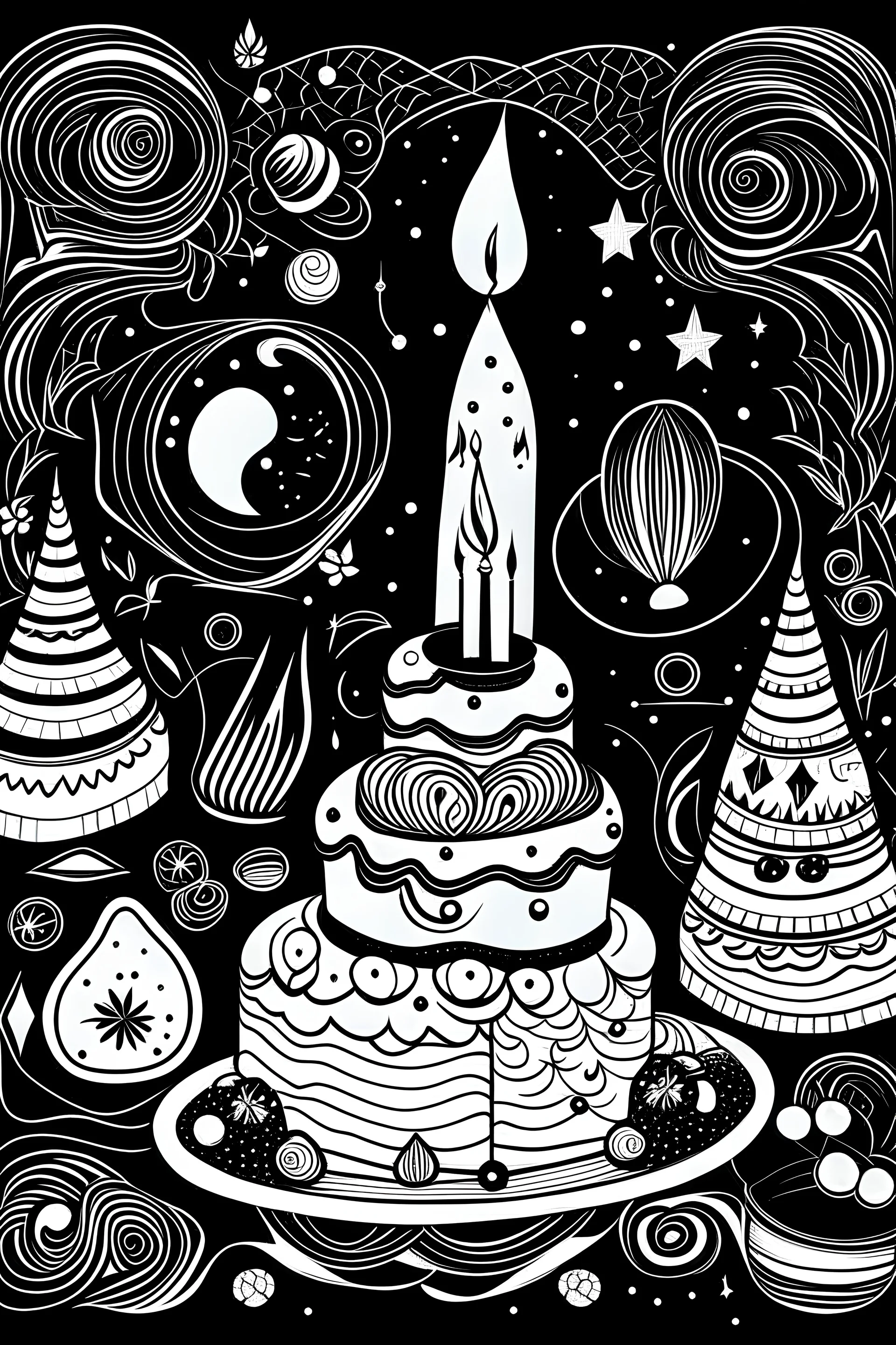 outline art for a birthday celebration with gingerbread and Christmas theme on black and white